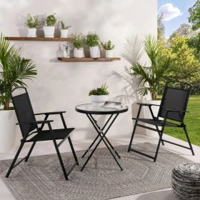 3-Piece Outdoor Bistro Set, Folding Chairs & GlassTable, Black (Option: Default Title)