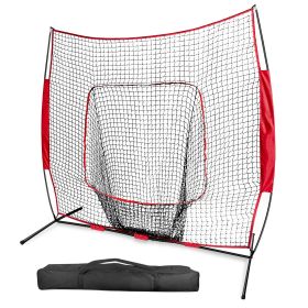 7x7ft Baseball Softball Teeball Practice Net Batting Hitting Pitching Training Net With Bow Frame Carrying Bag For Solo Team Training (Color: Red)